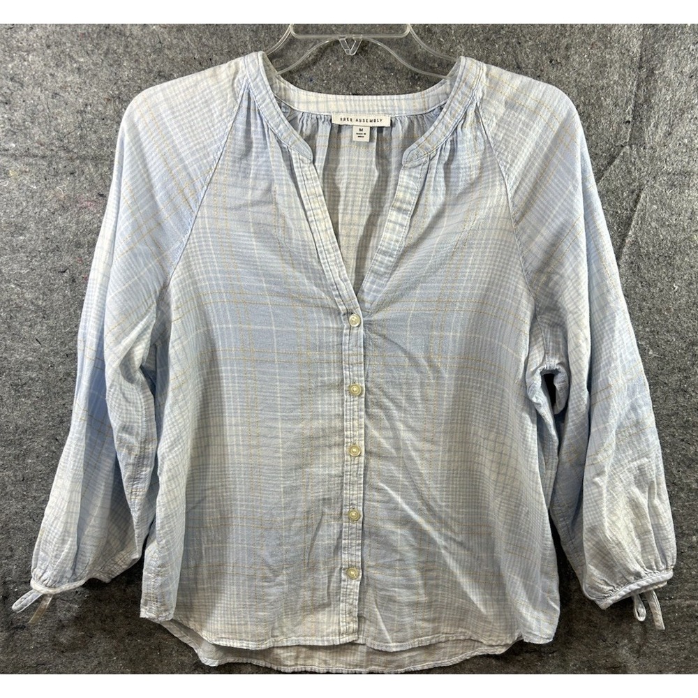 Free Assembly Blouse M White Blue‎ Plaid Balloon Sleeves Ties Cottagecore Chic